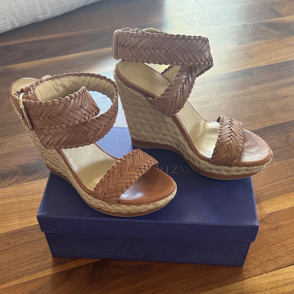Stuart Weitzman Tan Woven Wedge Sandals